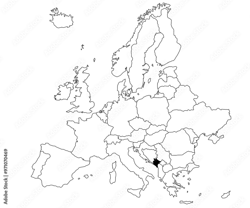 Obraz premium Map of Montenegro Country in Europe continent on white background. single Country map highlighted by black colour on Europe map. European Continent, EU