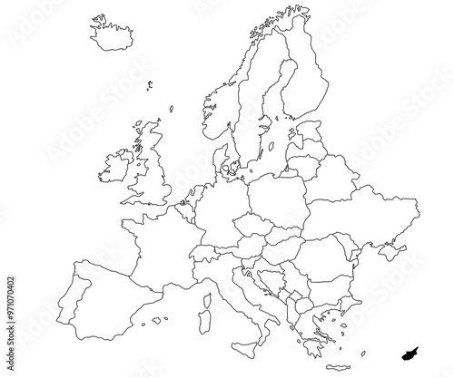 Wallpaper Mural Map of Cyprus Country in Europe continent on white background. single Country map highlighted by black colour on Europe map. European Continent, EU Torontodigital.ca