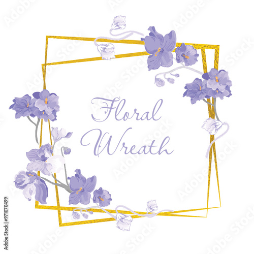 Isolated wreath with fully colored parts of African violets and square golden frames underneath. Vintage color flower parts on the white background. Sample text in the center of the composition.
