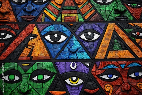 Abstract Mosaic Mural of Faces and Eyes