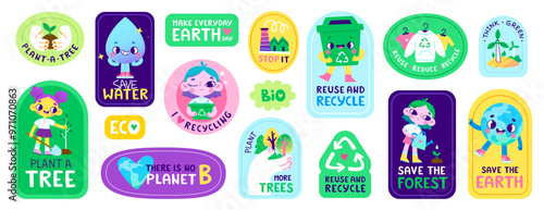Eco stickers set. Vector cartoon badge bundle about environment conservation for kids.