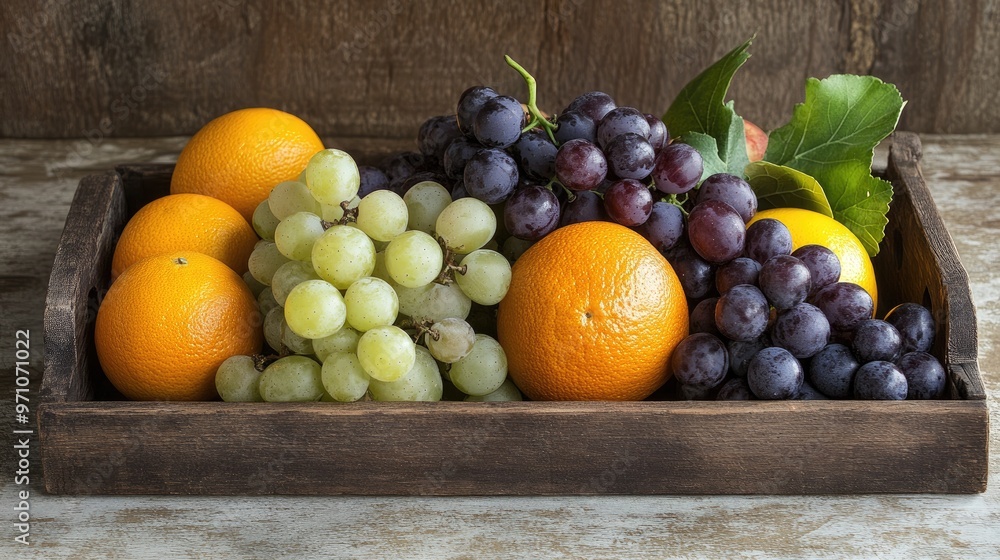 A rustic tray holding a vibrant assortment of fruits, including grapes and oranges, displayed in a warm and natural setting. A rustic tray holding a vibrant assortment of fruits, including grapes and oranges, displayed in a warm and natural setting.