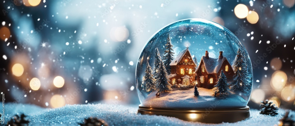 A charming snow globe featuring a cozy winter scene with a house, snow-covered trees, and sparkling snowflakes. A charming snow globe featuring a cozy winter scene with a house, snow-covered trees, and sparkling snowflakes.