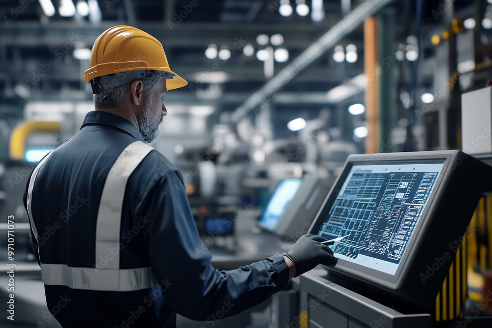 Engineer in safety gear operating a digital control panel in a modern industrial factory setting during the night shift. Engineer in safety gear operating a digital control panel in a modern industrial factory setting during the night shift.
