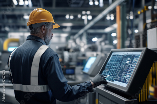 Engineer in safety gear operating a digital control panel in a modern industrial factory setting during the night shift. photo