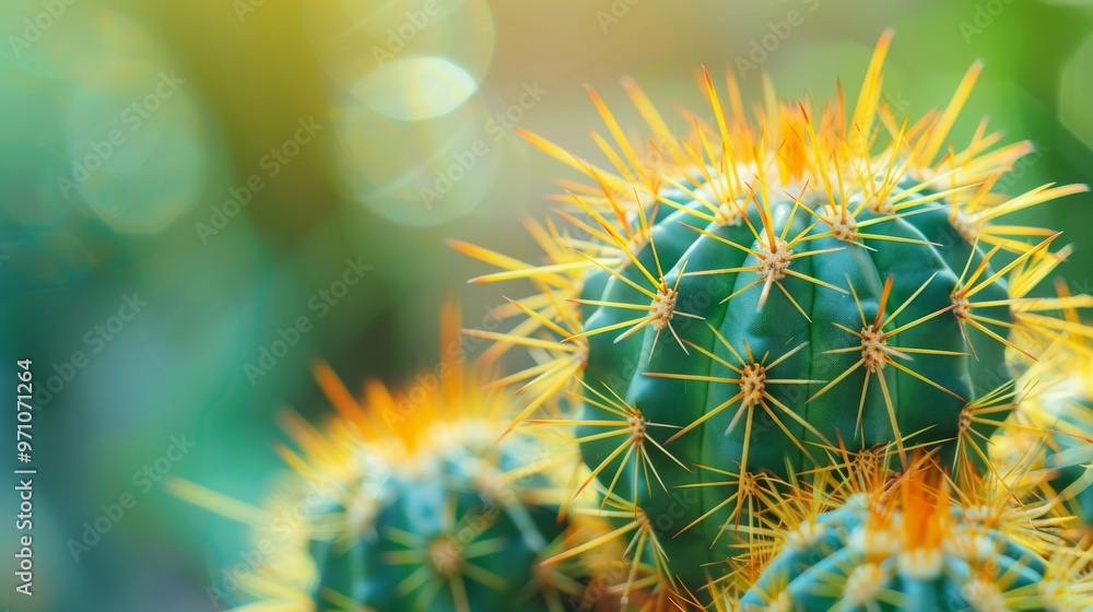 Close-Up of Vibrant Green Cactus with Yellow Spines in Sunlight Close-Up of Vibrant Green Cactus with Yellow Spines in Sunlight