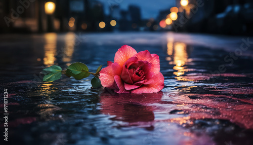 A lone rose lies on a wet road in the night rain, with a city street in the background. photo