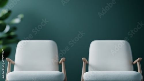 This image features two minimalist white chairs with a green background and leafy plants, providing a serene and modern setting that exudes simplicity and tranquility for calm conversations.