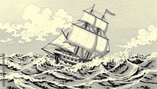 Vintage Ship Sailing Through Stormy Sea  Nautical Illustration