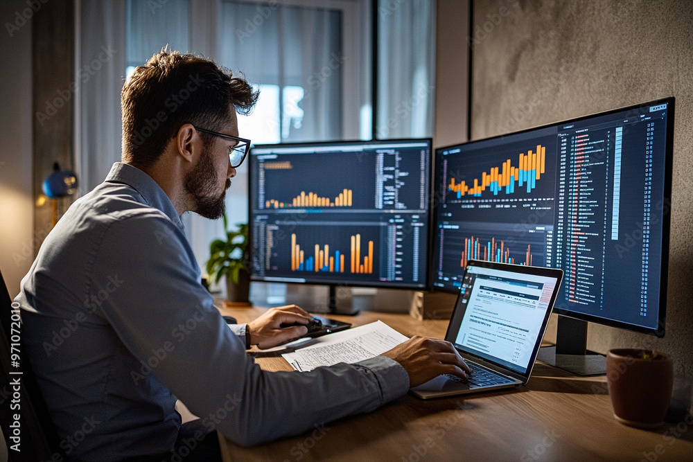 Man working on multiple monitors analyzing data charts and graphs in modern office setup. Business, finance, and technology concept. Man working on multiple monitors analyzing data charts and graphs in modern office setup. Business, finance, and technology concept.