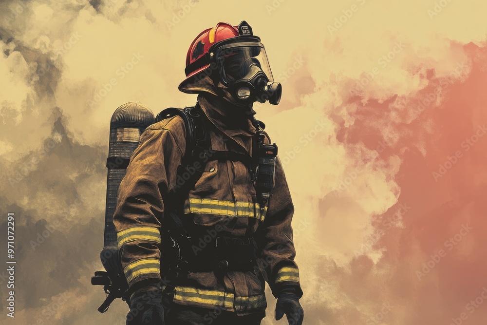 Firefighter wearing protective gear standing in front of smoke Firefighter wearing protective gear standing in front of smoke