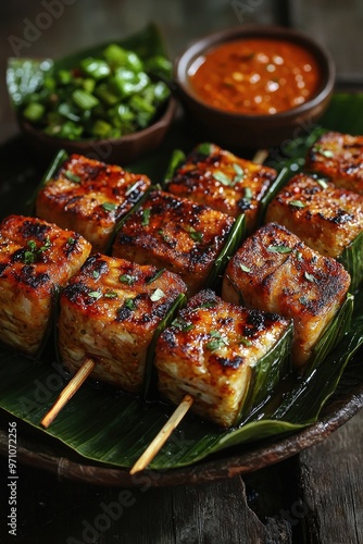 Otak-Otak: Grilled fish cakes wrapped in banana leaves, often served with a spicy peanut sauce. photo