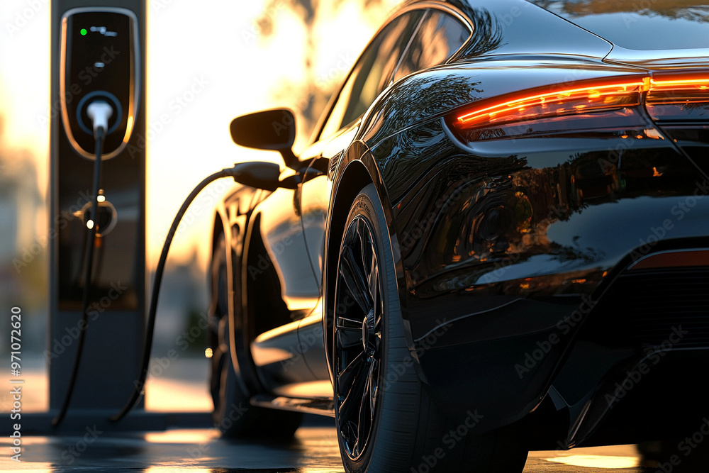 Sleek electric car charging at a station during sunset. Modern eco-friendly transportation highlighting luxury and sustainability. Sleek electric car charging at a station during sunset. Modern eco-friendly transportation highlighting luxury and sustainability.