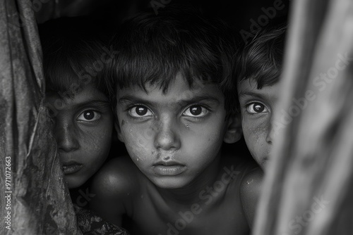 Three young boys hiding their faces in fear photo