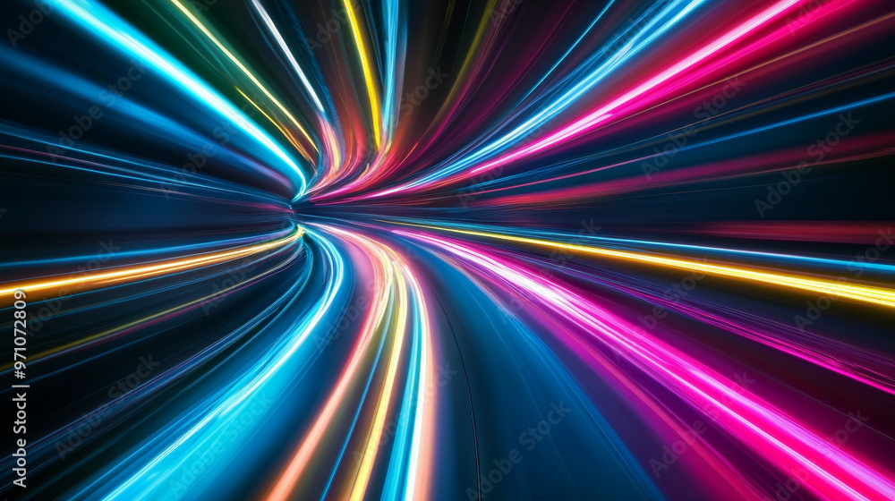 A dark tunnel filled with vibrant colors. Bright neon lights and glowing lines shoot through the darkness at incredible speed. A dark tunnel filled with vibrant colors. Bright neon lights and glowing lines shoot through the darkness at incredible speed.