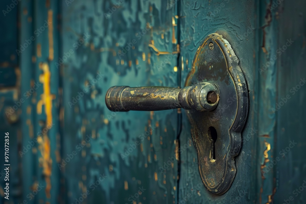 Close up of an old tarnished brass door handle on a faded blue door, showing the effects of time and weathering Close up of an old tarnished brass door handle on a faded blue door, showing the effects of time and weathering