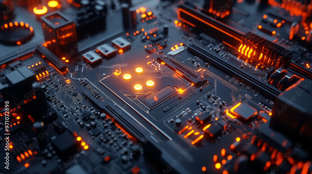 A detailed computer graphics card with glowing lights and intricate circuitry, designed using 3D technology. A detailed computer graphics card with glowing lights and intricate circuitry, designed using 3D technology.
