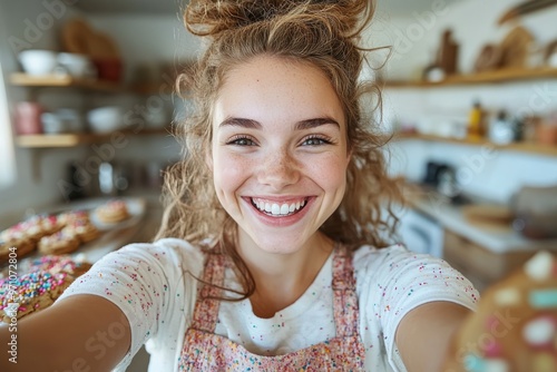 Young girl with curly hair and a big smile in a speckled t-shirt and apron, surrounded by colorful and freshly baked pastries on a sunlit kitchen counter. photo