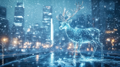 A glowing reindeer stands in a snowy cityscape, showcasing winter magic and festive wonder in a vibrant urban setting. photo