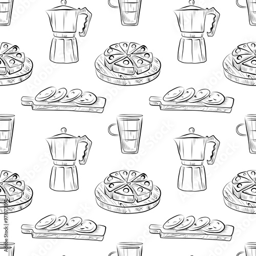 vector seamless pattern line art elements coffee shop coffee pot, cup, pie, pancakes