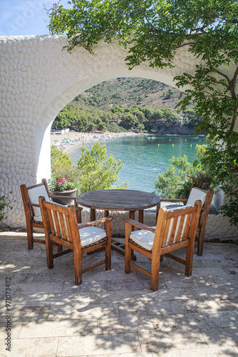 Canvas Print Roses, Spain - 9 Aug, 2024: Tables on the terrace at El Bulli restaurant, Cala M