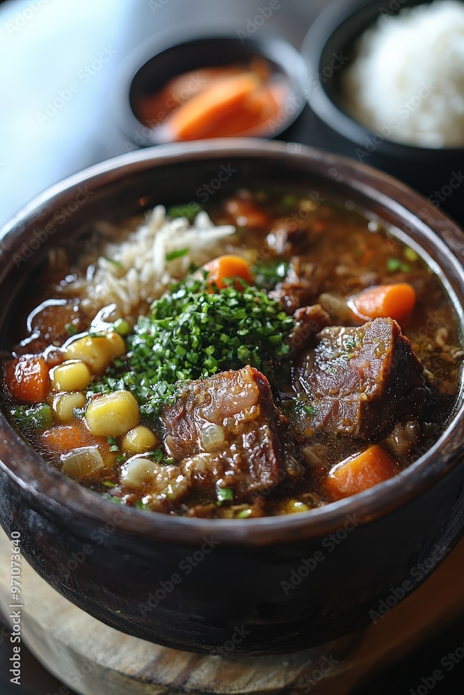 Sop Buntut: Oxtail soup made with a clear, savory broth, served with vegetables and rice. Sop Buntut: Oxtail soup made with a clear, savory broth, served with vegetables and rice.
