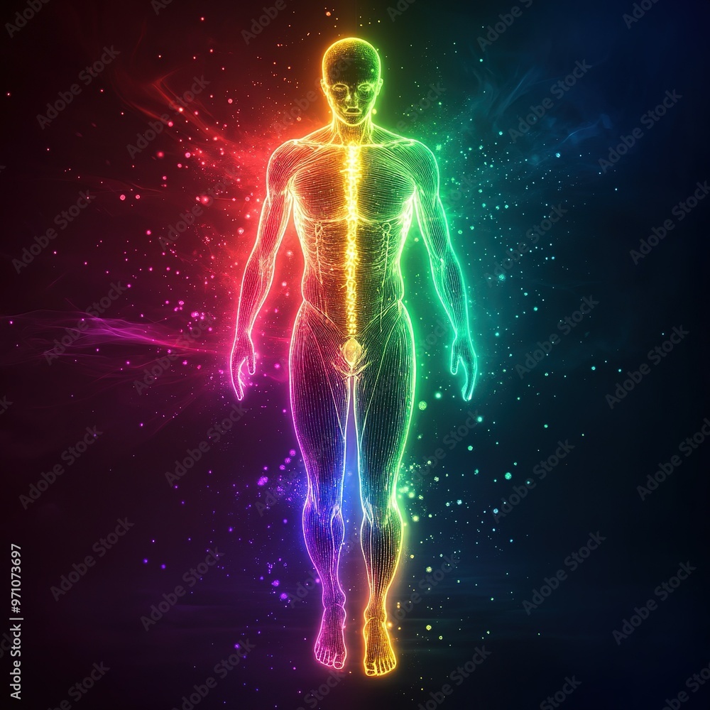 Human figure with a bright rainbow aura, full body with visible veins and bones, against a dark background, in vector art style Human figure with a bright rainbow aura, full body with visible veins and bones, against a dark background, in vector art style
