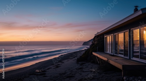 Modern beach house with ocean view at sunset