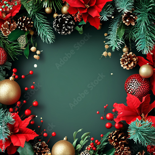 a frame with christmas decorations on it and a green background