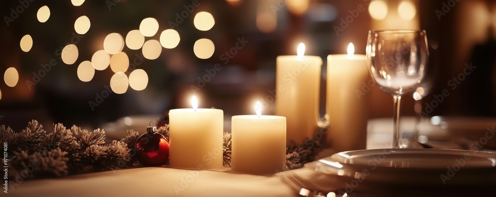 A serene table setting adorned with glowing candles, creating a warm and inviting ambiance for a special occasion. A serene table setting adorned with glowing candles, creating a warm and inviting ambiance for a special occasion.