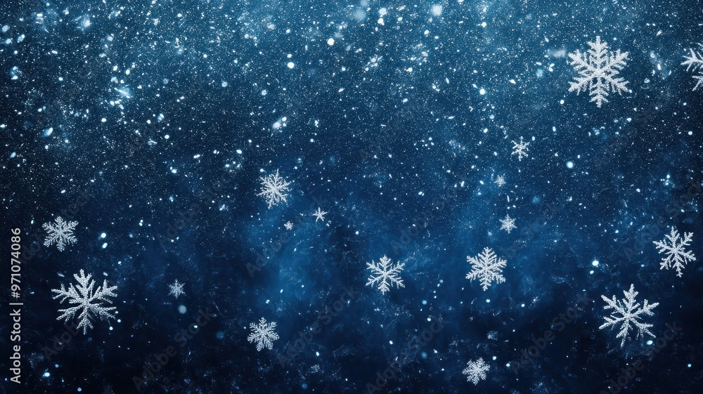 A serene winter background featuring delicate snowflakes gently falling on a deep blue backdrop, creating a magical atmosphere. A serene winter background featuring delicate snowflakes gently falling on a deep blue backdrop, creating a magical atmosphere.