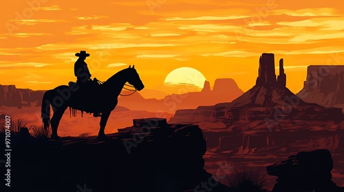 Silhouette of a cowboy riding a horse against a sunset over a desert canyon.