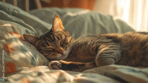 A serene image of a cat peacefully napping on a bed, cuddled up next to a soft pillow, creating a calm and cozy vibe