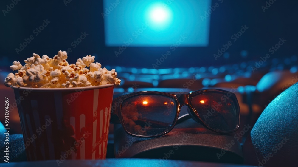 A pair of 3D glasses on a movie seat next to a bucket of popcorn, with the screen glowing in the background A pair of 3D glasses on a movie seat next to a bucket of popcorn, with the screen glowing in the background