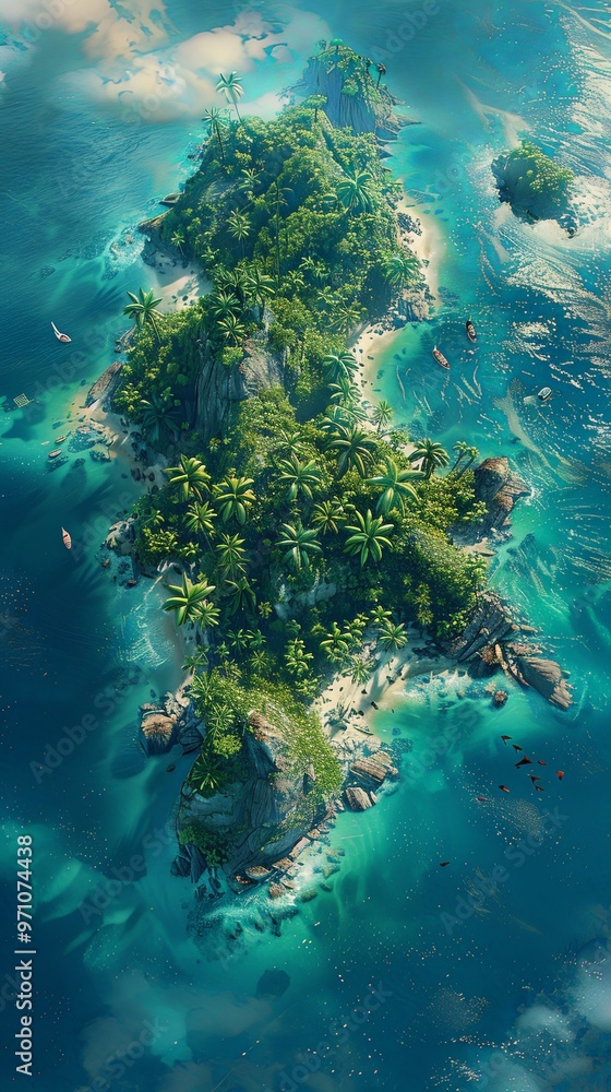 An elongated island with a dense covering of vibrant green trees surrounded by turquoise sea. The rocky outcrops and clear waters create a stunning tropical aesthetic. An elongated island with a dense covering of vibrant green trees surrounded by turquoise sea. The rocky outcrops and clear waters create a stunning tropical aesthetic.