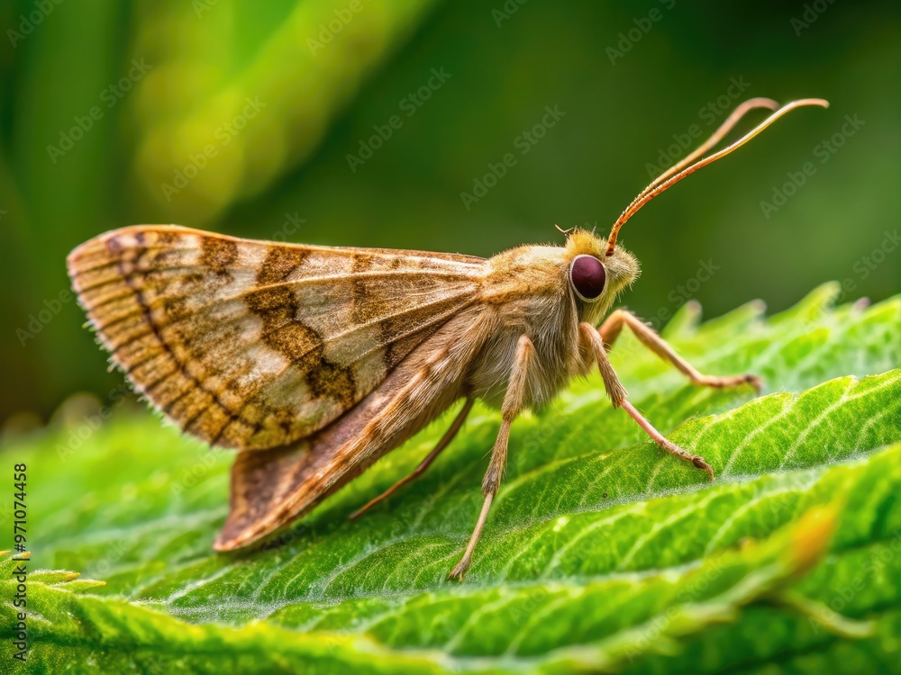 Macro shot of a delicate brown fluffy moth with intricate wing patterns and feathery antennae perched on a green leaf against a soft, blurred background. Macro shot of a delicate brown fluffy moth with intricate wing patterns and feathery antennae perched on a green leaf against a soft, blurred background.