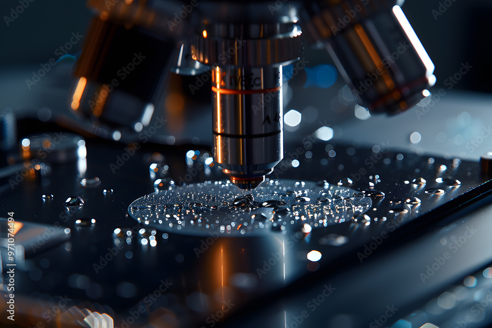 A close-up of a microscope is used in the laboratory A close-up of a microscope is used in the laboratory