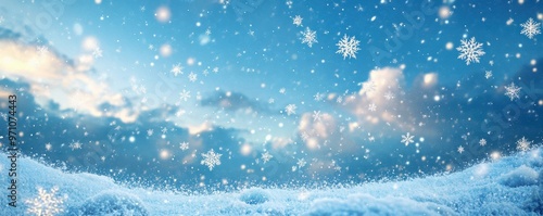 A serene winter landscape with soft falling snowflakes against a clear blue sky, creating a peaceful and tranquil atmosphere.