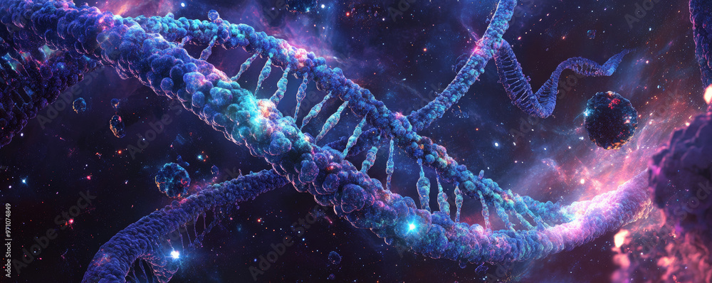 Fototapeta premium DNA strands in radiant blue and purple hues, intertwined with bright molecular particles, floating against a cosmic background of deep blacks and glowing stars.