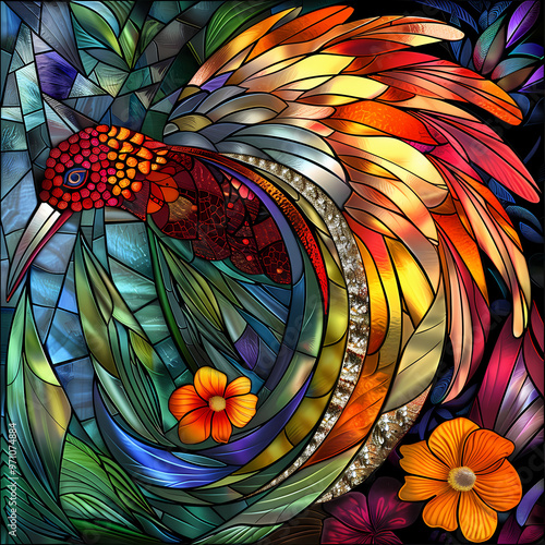 Stained glass vector-style image of beautiful Puffin bird tail, tropical flowers, bird feathers, color coordinated abstract expressionism surrealism apophysis paisley design