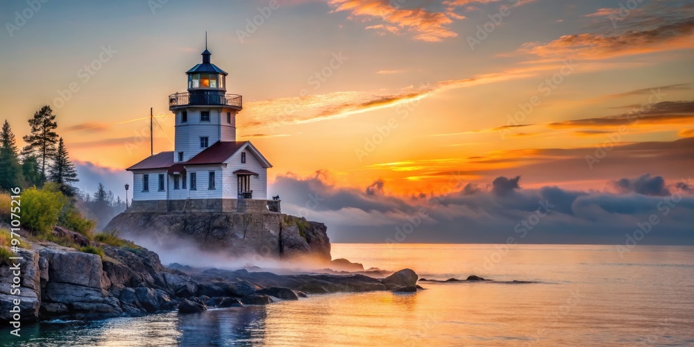 Majestic 19th-century lighthouse stands tall amidst Lake Superior's rugged shoreline, its bright white tower and lantern room piercing the misty morning atmosphere at dawn. Majestic 19th-century lighthouse stands tall amidst Lake Superior's rugged shoreline, its bright white tower and lantern room piercing the misty morning atmosphere at dawn.