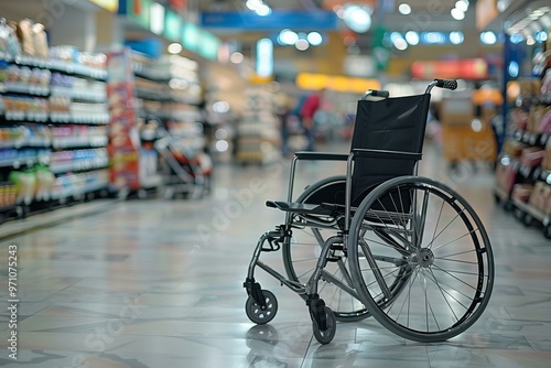 Empty wheelchair is standing in the aisle of a grocery store