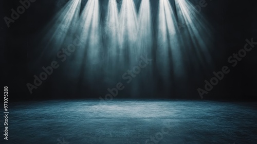 A dark, empty stage with multiple beams of spotlights shining down, casting a smoky ambiance, setting the scene for an awaited performer in a dramatic presentation.