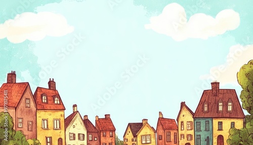 Hand drawn cartoon illustration of vintage houses featuring a charming frame with cute buildings as a decorative border