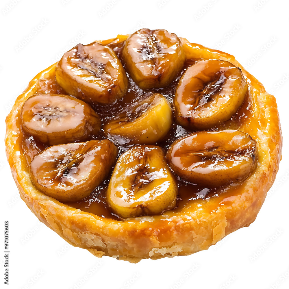 a caramelized banana tarte Tatin, with flaky pastry and caramelized banana slices. Isolated on white background a caramelized banana tarte Tatin, with flaky pastry and caramelized banana slices. Isolated on white background
