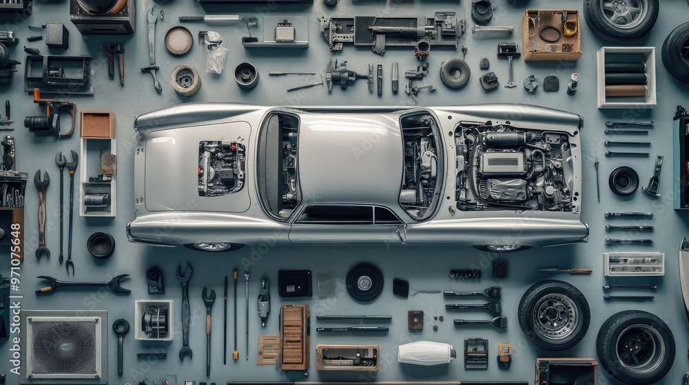 A silver car surrounded by disassembled parts, tools, and components on a garage floor, illustrating the intricacies of car maintenance and repair. A silver car surrounded by disassembled parts, tools, and components on a garage floor, illustrating the intricacies of car maintenance and repair.