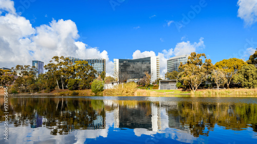 Adelaide Riverbank skyline viewed across Torrens river on a day