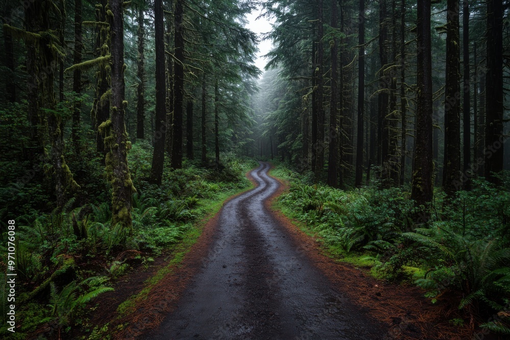 A twisting dirt path winding its way under the tall, dense canopy of a green forest, inviting an adventurous exploration amidst the tranquil beauty of nature. A twisting dirt path winding its way under the tall, dense canopy of a green forest, inviting an adventurous exploration amidst the tranquil beauty of nature.