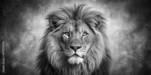 Majestic black and white portrait of a regal lion's face, showcasing its powerful mane, intense gaze, and strong facial features against a subtle textured background. photo