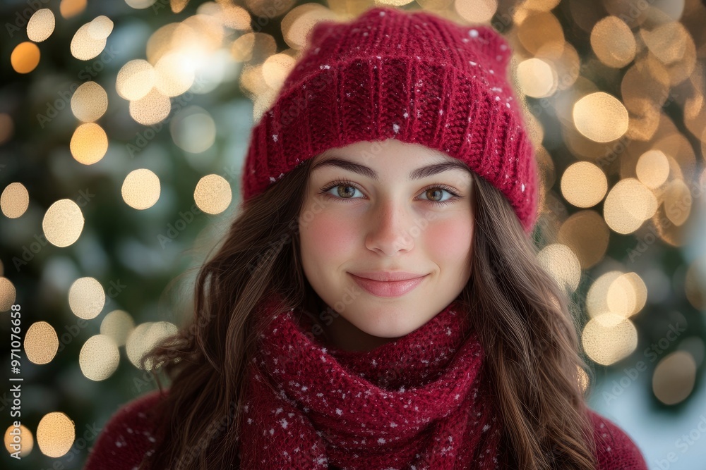 Beautiful young woman in winter hat and scarf over christmas background with generative ai Beautiful young woman in winter hat and scarf over christmas background with generative ai